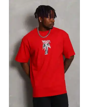 Erkek Baskılı T-Shirt Kısa Kol Bisiklet Yaka Regular Fit Tişört - Kırmızı