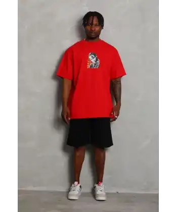 Erkek Baskılı T-Shirt Kısa Kol Bisiklet Yaka Regular Fit Tişört - Kırmızı