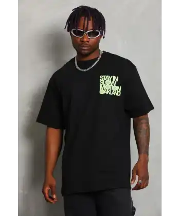 Erkek Baskılı T-Shirt Kısa Kol Bisiklet Yaka Regular Fit Tişört - Siyah