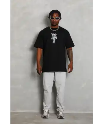 Erkek Baskılı T-Shirt Kısa Kol Bisiklet Yaka Regular Fit Tişört - Siyah