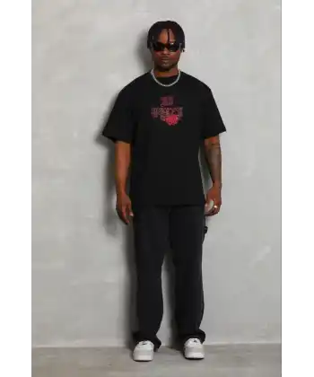 Erkek Baskılı T-Shirt Kısa Kol Bisiklet Yaka Regular Fit Tişört - Siyah