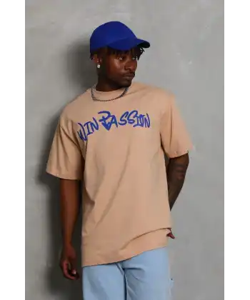 Erkek Baskılı Tişört Kısa Kol Bisiklet Yaka Oversize T-Shirt - Bej