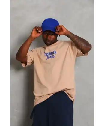 Erkek Baskılı Tişört Kısa Kol Bisiklet Yaka Oversize T-Shirt - Bej