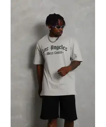 Erkek Baskılı Tişört Kısa Kol Bisiklet Yaka Oversize T-Shirt - Gri