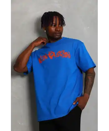 Erkek Baskılı Tişört Kısa Kol Bisiklet Yaka Oversize T-Shirt - Mavi