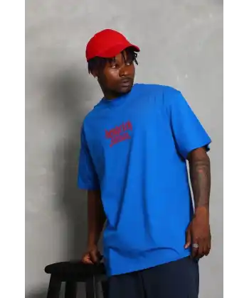 Erkek Baskılı Tişört Kısa Kol Bisiklet Yaka Oversize T-Shirt - Mavi