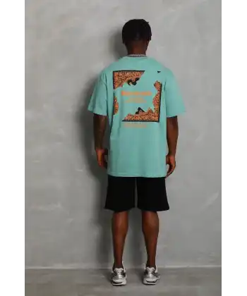 Erkek Baskılı Tişört Kısa Kol Bisiklet Yaka Oversize T-Shirt - Mint Yeşili
