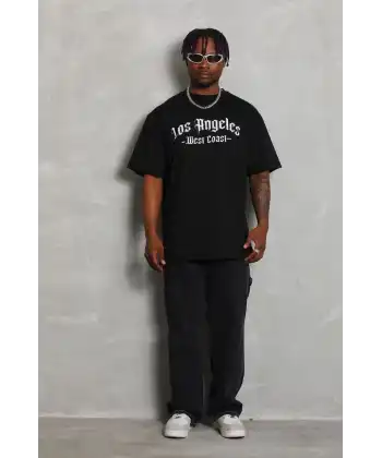 Erkek Baskılı Tişört Kısa Kol Bisiklet Yaka Oversize T-Shirt - Siyah