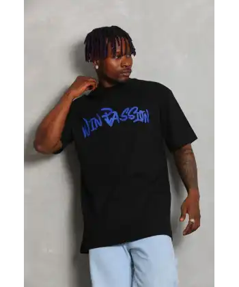 Erkek Baskılı Tişört Kısa Kol Bisiklet Yaka Oversize T-Shirt - Siyah