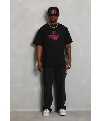 Erkek Baskılı Tişört Kısa Kol Bisiklet Yaka Oversize T-Shirt - Siyah