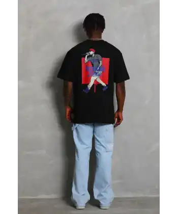 Erkek Baskılı Tişört Kısa Kol Bisiklet Yaka Oversize T-Shirt - - Siyah