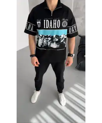 Erkek  Baskılı Yarım Fermuarlı  Kısa kol T-Shirt - Siyah