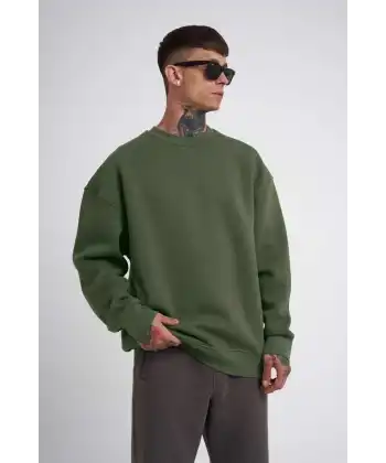 ERKEK Bisikilet Yaka 3 İplik Pamuklu SweatShirt - Haki