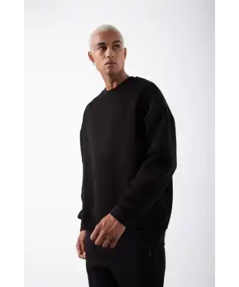 ERKEK Bisikilet Yaka 3 İplik Pamuklu SweatShirt - Siyah
