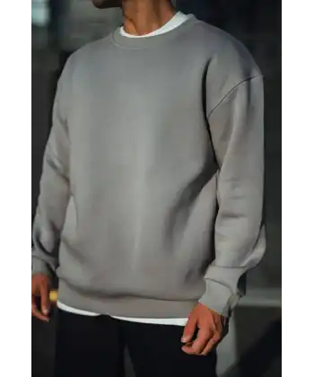 Erkek Bisiklet Yaka 3 İplik pamuklu Basic SweatShirt - Boyalı Gri