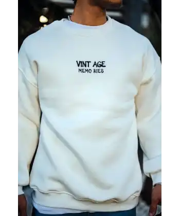 Erkek Bisiklet Yaka 3 İplik pamuklu Baskılı SweatShirt - Beyaz