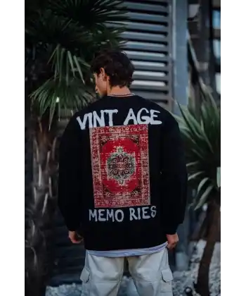 Erkek Bisiklet Yaka 3 İplik Pamuklu Baskılı SweatShirt - Siyah