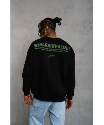 Erkek Bisiklet Yaka Baskılı 3 iplik pamuklu Sweatshirt - Siyah