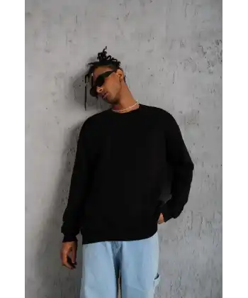 Erkek Bisiklet Yaka Baskılı 3 İplik Pamuklu Sweatshirt -  Siyah