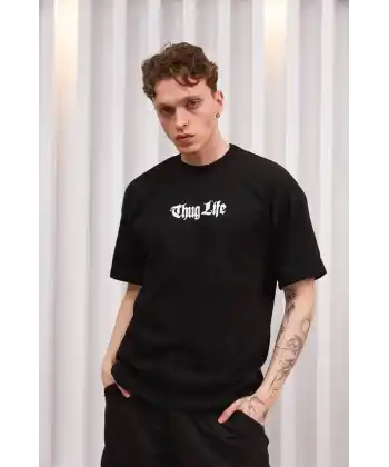 Erkek Bisiklet Yaka Baskılı  Kısa kol Oversize T-Shirt - Siyah