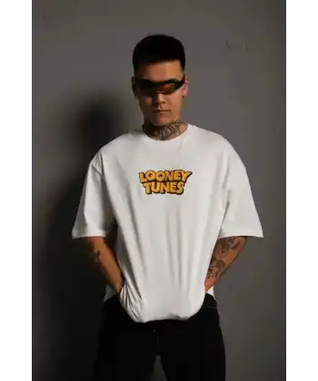 Erkek Bisiklet Yaka Baskılı Oversize Kısa kol T-Shirt - Beyaz