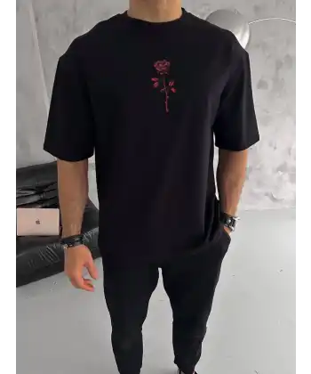 Erkek Bisiklet Yaka Baskılı Oversize  Kısa kol T-Shirt - Siyah