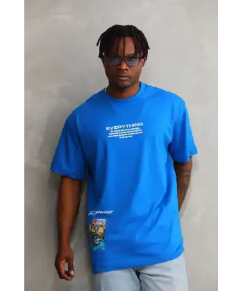 Erkek Bisiklet Yaka Baskılı Oversize T-Shirt - Mavi