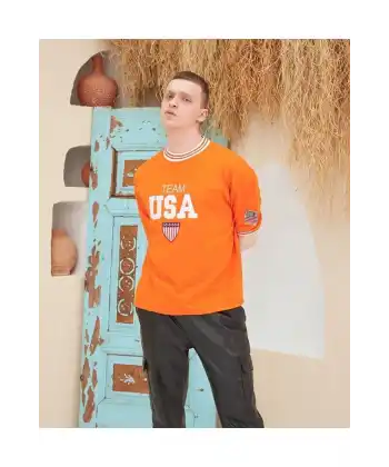 Erkek Bisiklet Yaka Tişört Nakış İşlemeli Kısa Kol Oversize T-Shirt - Turuncu