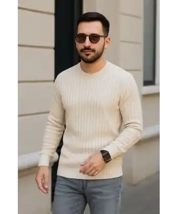 Erkek Bisiklet Yaka Triko Kazak Pamuklu Kalın Fitilli Dokuma Regular Fit - Bej