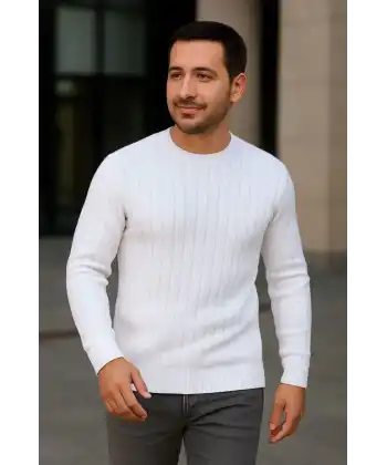 Erkek Bisiklet Yaka Triko Kazak Pamuklu Kalın Fitilli Dokuma Regular Fit - Beyaz
