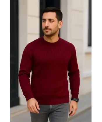 Erkek Bisiklet Yaka Triko Kazak Pamuklu Kalın Fitilli Dokuma Regular Fit - Bordo