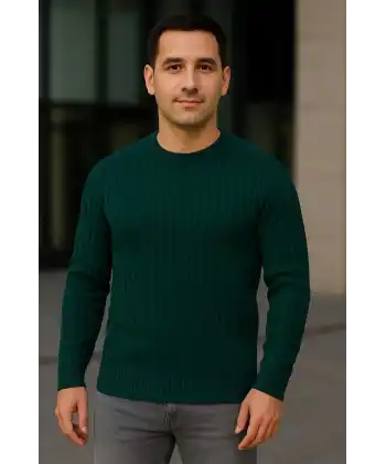 Erkek Bisiklet Yaka Triko Kazak Pamuklu Kalın Fitilli Dokuma Regular Fit - Haki