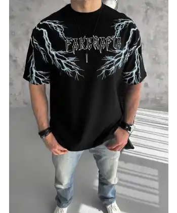 ERKEK Bisiklet Yaka Yıldırım Baskılı  Kısa kol T-Shirt-Siyah