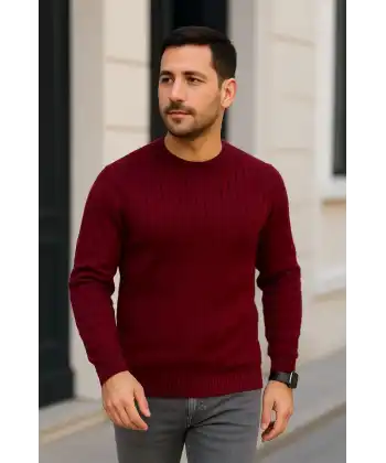Erkek Bisiklet Yuvarlak Yaka Triko Kazak Pamuklu Kalın Fitilli Dokuma, Regular Fit Uzun Kollu Kışlık Model - Bordo