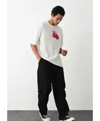 Erkek Boks eldiven Baskılı T-Shirt Kısa Kol Bisiklet Yaka Regular Tişört - Beyaz