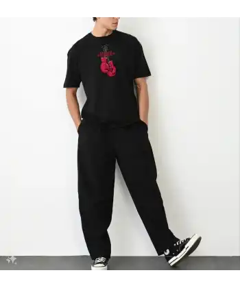Erkek Boks Eldiven Baskılı T-Shirt Kısa Kol Bisiklet Yaka Regular Tişört - Siyah