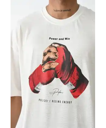 Erkek Box Eldiven Baskılı T-Shirt Kısa Kol Bisiklet Yaka Tişört - Beyaz