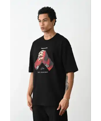 Erkek Boxy Eldiven Baskılı T-Shirt Kısa Kol Bisiklet Yaka Tişört - Siyah