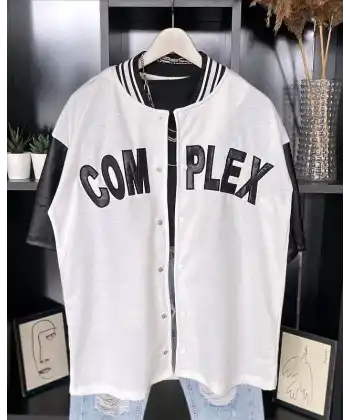Erkek Complex Kolları Deri Kolej Oversize T-Shirt - Beyaz