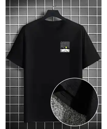 Erkek Dağ Grafikli Tişört, Yaz için Büyük Beden Rahat T-shirt - Siyah