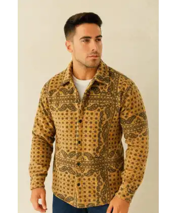 Erkek Desenli Düğmeli Polar Gömlek – Hardal Paisley Desen Yakalı, Uzun Kollu, Oversize Rahat Kalıp - Sarı