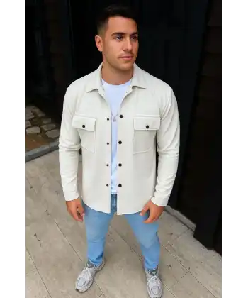 Erkek Diagonal Kumaş Cepli Çıtçıtlı uzun Kollu, Gömlek Oversize Rahat Kalıp Günlük Şık Stil - Beyaz