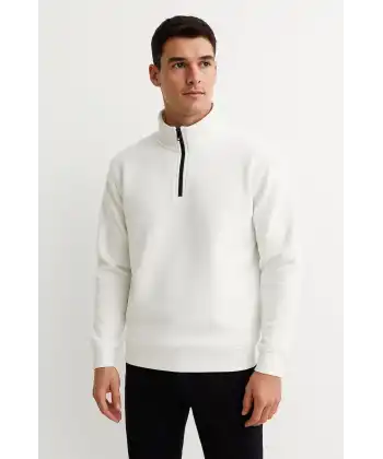 Erkek Dik Yaka Sweatshirt Dik Yaka Yarım Fermuarlı 3 İplik Şardonlu Pamuk Kumaş - Beyaz