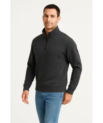 Erkek Dik Yaka Yarım Fermuarlı 3 İplik Pamuklu Sweatshirt -  Antrasit