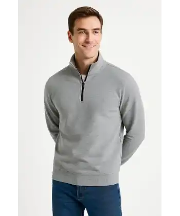 Erkek Dik Yaka Yarım Fermuarlı 3 İplik Pamuklu Sweatshirt - Gri