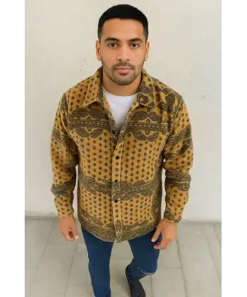 Erkek Düğmeli Gömlek Polar Sweatshirt Yumuşak Dokulu Oversize Kalıp -Sarı