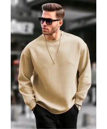 Erkek Düz Bisiklet Yaka 3 iplik pamuklu Sweatshirt - Bej