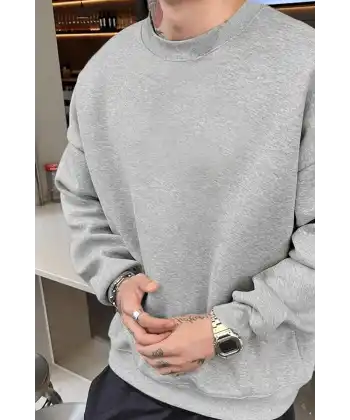 Erkek Düz Bisiklet Yaka 3 iplik pamuklu sweatshirt - Gri