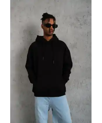 Erkek Düz Kapüşonlu Sweat - Siyah