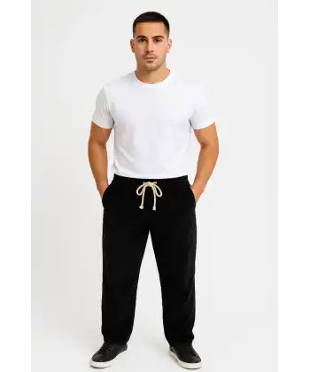 Erkek Fitilli Kadife Cepli Buggy Pantolon Oversize Rahat Kalıp - Siyah